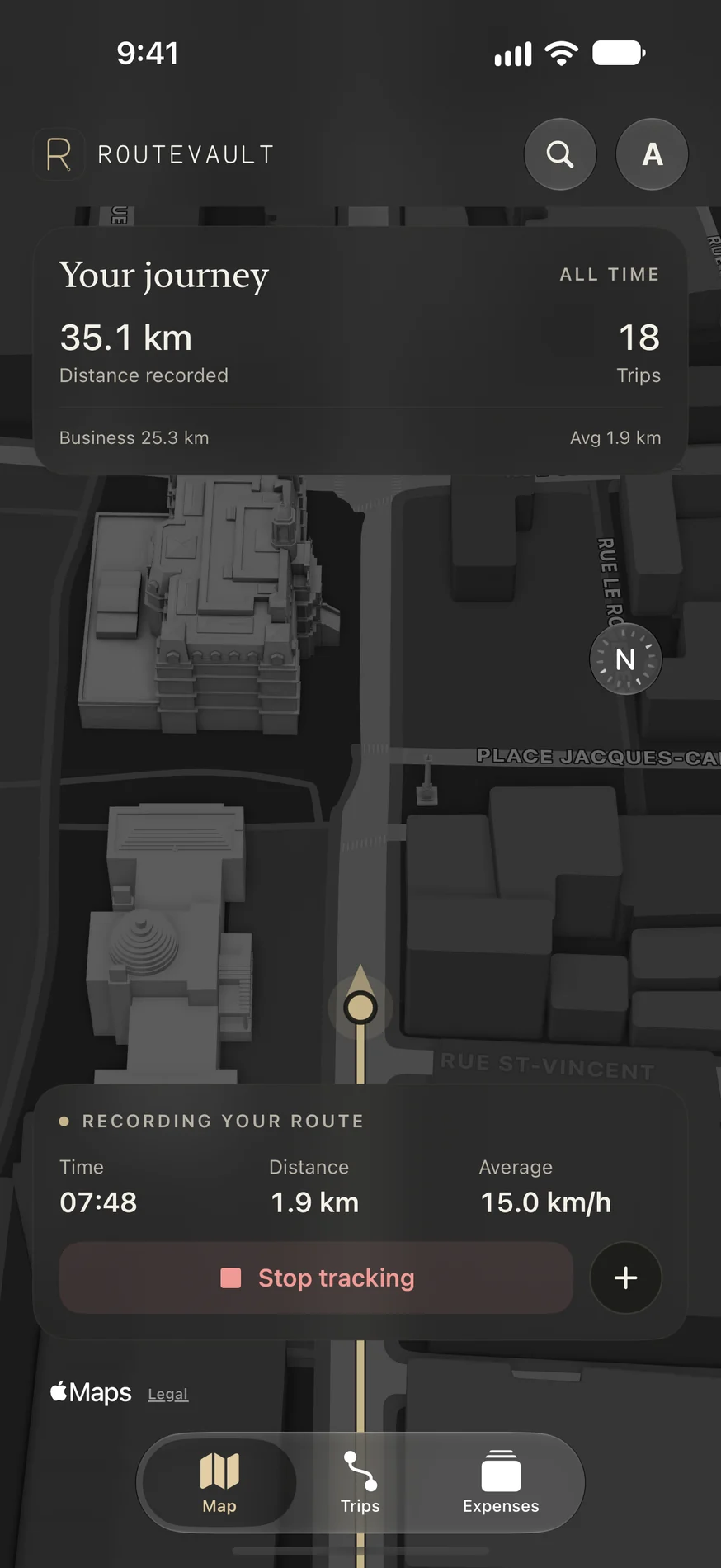 Active trip tracking on the RouteVault map