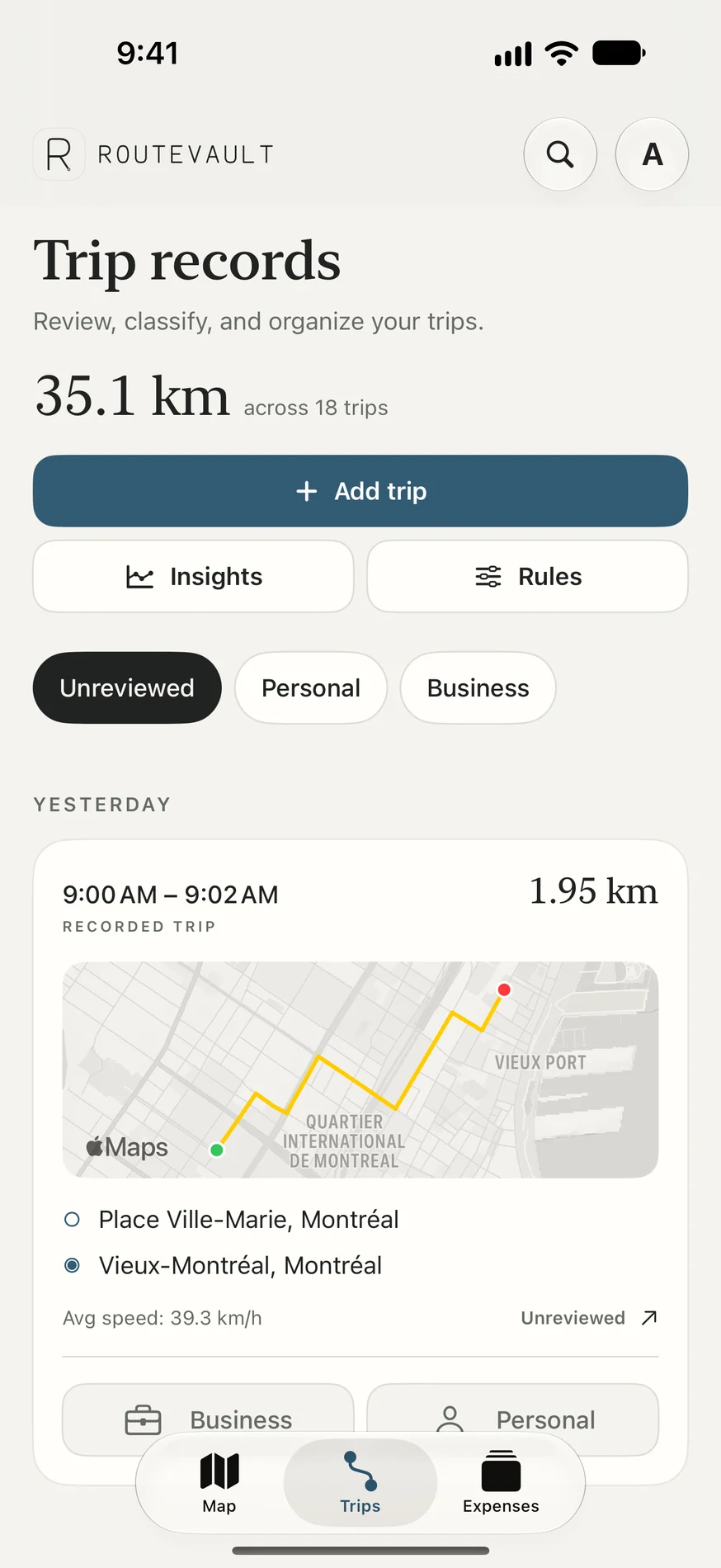 Trip records with a route map and business or personal classification