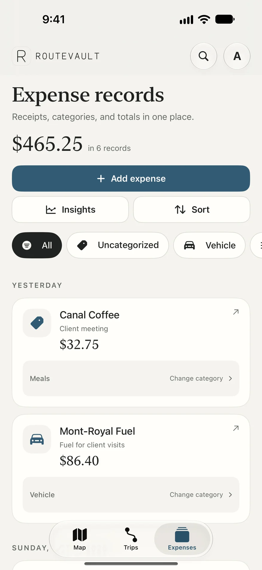 RouteVault expense records organized by category