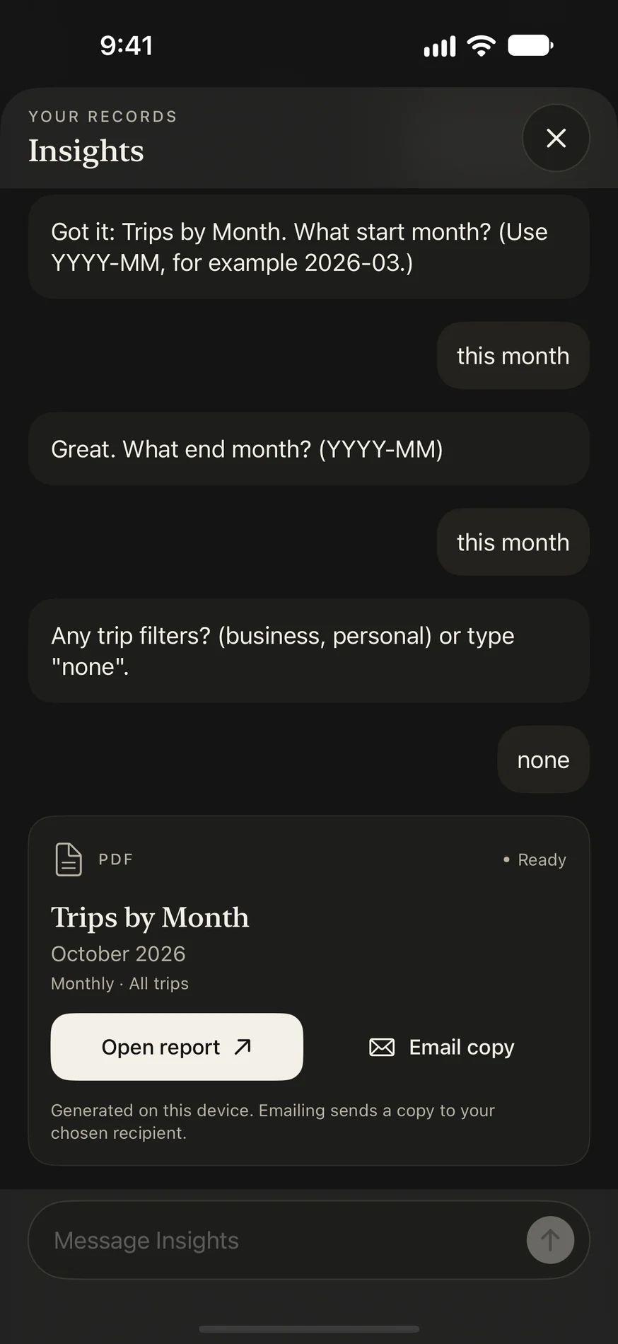 RouteVault Insights showing a report from trip and expense records